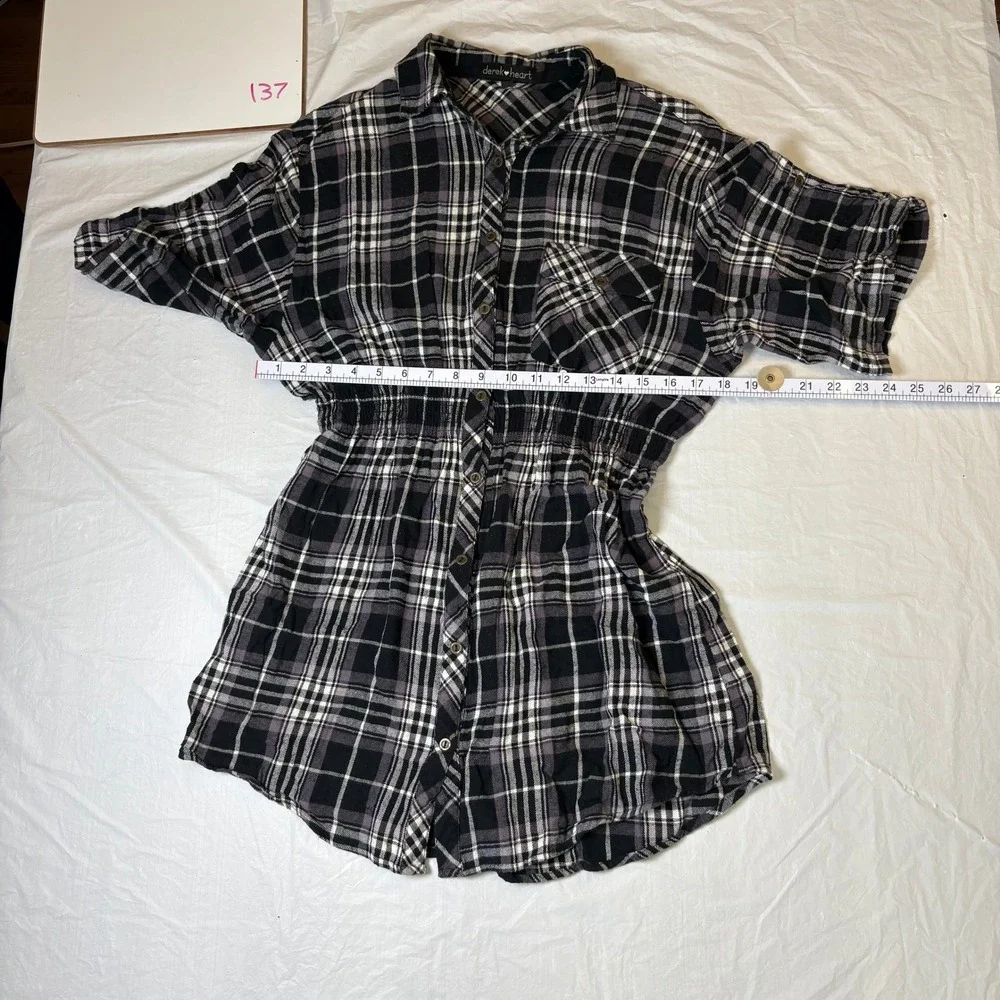 derek heart Black White Plaid flannel Button Front Shirtdress Womens L Y2K - Picture 3 of 7
